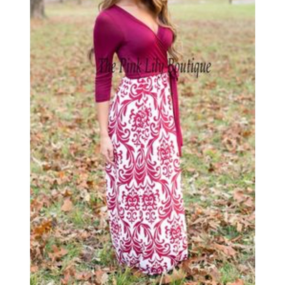 Pink Lily Boutique Burgundy Damask Maxidress